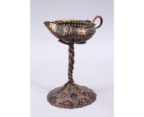 A GOOD INDO PERSIAN ENAMEL AND BRASS LAMP / CANDLESTICK, 20CM