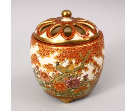 A GOOD JAPANESE MEIJI PERIOD SATSUMA CERAMIC KORO, the koro decorated with typical orange and gilt tree and foliage decoratio