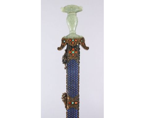 A VERY FINE 19TH CENTURY CHINESE ENAMEL SILVER SHORT SWORD, inset with coral and turquoise stones, and possibly an earlier Mu