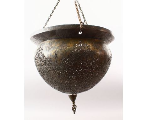 A GOOD 19TH CENTURY OR EARLIER ISLAMIC SILVER INLAID STEEL CALLIGRAPHIC HANGING LAMP, the hanging lamp with open work design 