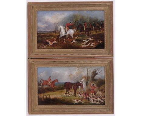 Pair of 19th century oils on canvas, fox hunting scenes, one signed Davis, 7" x 12", framed.