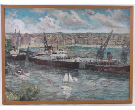 R Hedger,oil on board, busy harbour scene, signed and dated 1961, 26" x 36", framed.