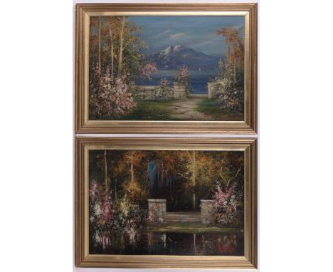 R D Sherrin,pair of oils on canvas, continental garden scenes, signed, 16" x 24", framed.