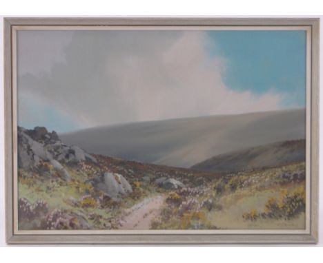 R D Sherrin,gouache, view on Exmoor, signed, 14" x 20.5", framed.