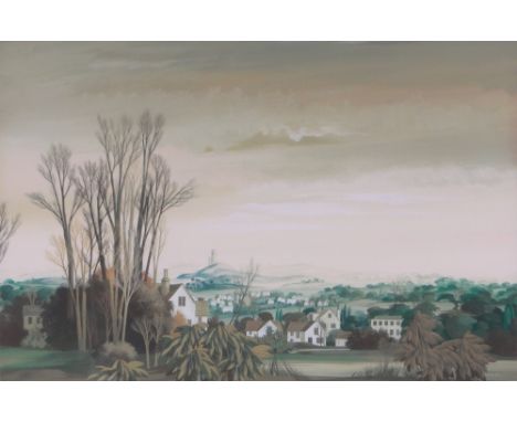 R Constable,gouache, extensive landscape towards Glastonbury, signed, 14" x 21", framed.
