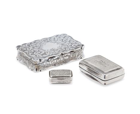 A Victorian silver snuff box. Nathaniel Mills, Birmingham, 1845. Of shaped, rectangular form, chased throughout with foliate 
