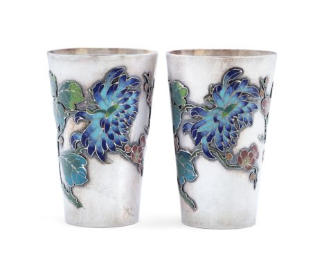Two enamelled Chinese liquor cups. Mark of Xin Bao Wan. Beijing. The slightly tapering cups applied with enamelled cherry blo