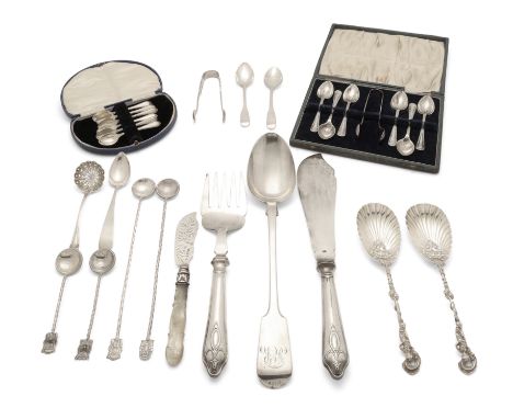 A group of silver flatware and oddments and some silver plate. Various dates and makers. The group including: a Victorian sil