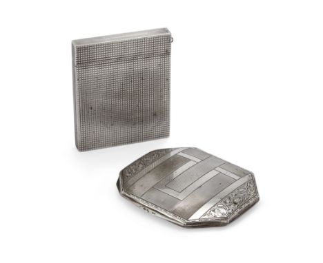 Two Czechoslovakian silver compacts. 1929-1941. The rectangular example with chequered pattern to exterior and designed with 
