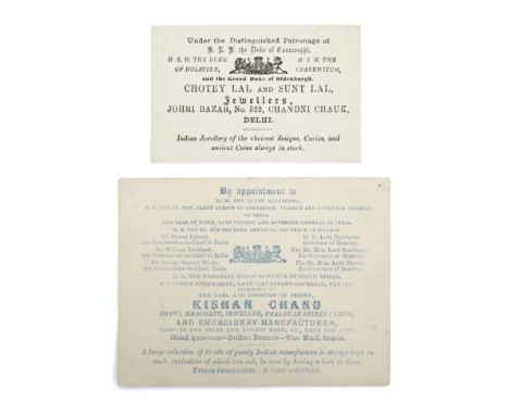 Of Indian interest. Two printed Indian trade cards.Delhi, late 19th/early 20th century.The larger card for 'Kishan Chand', De