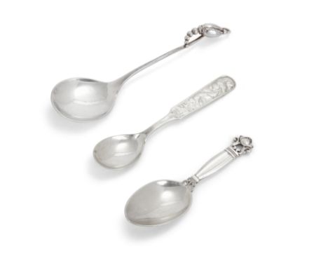 A 'Blossom pattern' silver spoon. Georg Jensen, Denmark, c.1940. The round bowl to a curving Blossom pattern terminal, with L