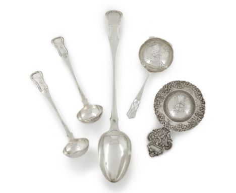 A small group of silver flatware, including a pair of George IV Scottish silver sauce ladles. Maker W M over A M, Glasgow, 18