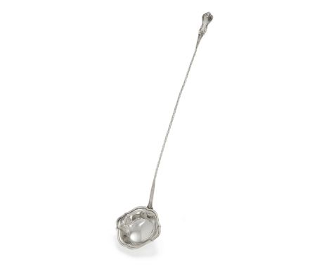 A Victorian Albert pattern silver punch ladle. Maker's mark indistinct, London, 1860.The elongated, twisted handle to a shape