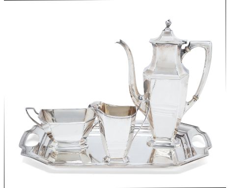 An American silver three piece coffee set with tray. R. Wallis & Sons. Connecticut, c.1915. The set comprising a coffee pot, 