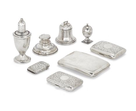 A group of silver items, including a novelty inkwell designed as a bell.  Birmingham, 1914. Patent number 638948 stamped to i