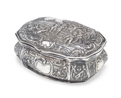 A German silver box. Late 19th/early 20th century.Stamped 800.Of shaped, oblong form, the hinged cover decorated with scenes 