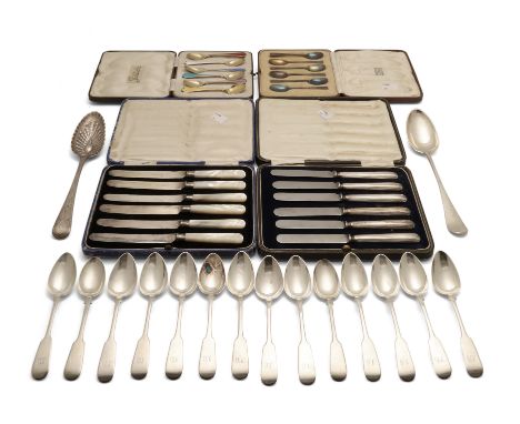 A group of silver flatware, including a set of Victorian Scottish silver teaspoons. Alexander Coghill, Glasgow, 1844. The twe