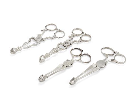 Four pairs of George II and later silver sugar nips.Various dates and makers.The group comprising: a George III pair by Benja