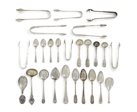 A group of mixed silver spoons and sugar tongs. Various dates and makers. The group including: a George III teaspoon, 1794, G