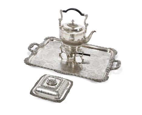 A group of silver plate, including a large twin-handled tray by Odiot. The rectangular tray designed with twin handles and ga