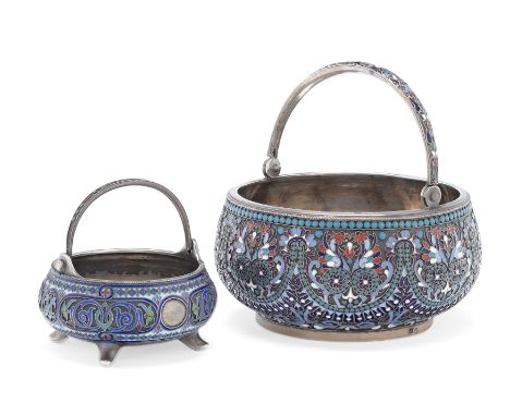 A cloisonné enamelled Russian silver sugar bowl. Mark of Gustav Klingert, Moscow, late 19th century. Assay master Anatoly Apo