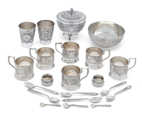 A group of Iranian (Persian) silver including a covered sugar bowl.Mark of Mahmud Rabi'i, retailed by Pirayesh. Isfahan, c.19