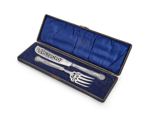 A cased pair of Victorian silver fish servers. Chawner & Co., London, 1855.The King's pattern handles to foliate scroll pierc