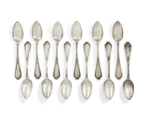 A set of twelve Austro-Hungarian silver teaspoons. Vincent Carl Dub, Vienna, 1886-1924. With foliate scroll handles and engra