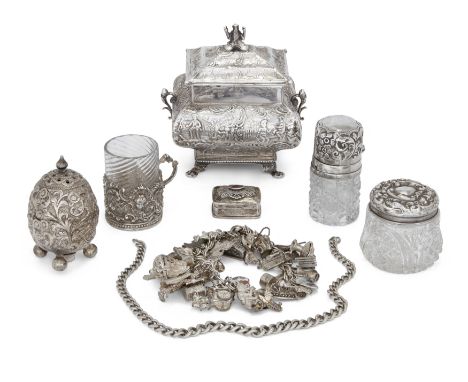 A group of silver and white metal. Various dates and makers. The group including: a bracelet, with various charms, mostly 800
