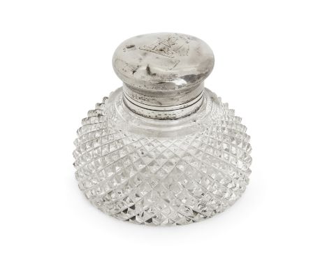 A silver mounted cut glass inkwell. Maker PK. The dome-shaped glass body with hobnail pattern to a silver collar and hinged l