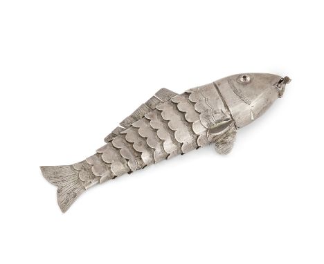 A Polish spice box in the form of a fish. Maker's mark LN, Krakow, 20th century. The articulated fish designed with engraved 