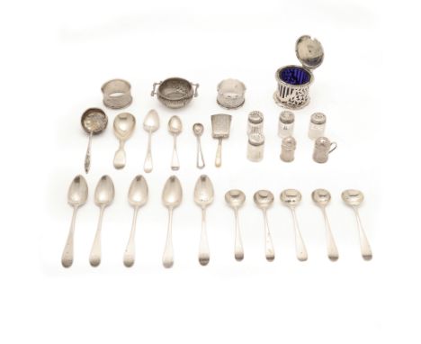 A group of silver oddments and flatware. Various dates and makers. The group including: a Victorian mustard pot, London, 1895