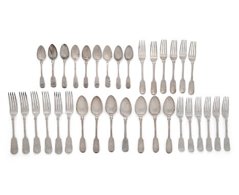 A group of silver flatware. Various dates and makers.The group comprising: a set of six silver Fiddle pattern table forks, Sh