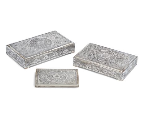 Two Iranian (Persian) silver cigarette boxes. Mark of Mahmud Rabi'i, retailed by Pirayesh. Isfahan, 20th century. Of rectangu