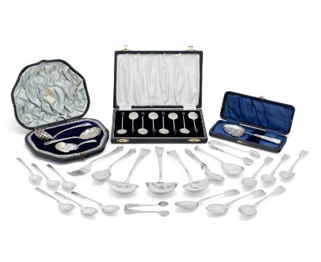 A group of Georgian and later silver flatware, including a George III silver cream ladle. Hester Bateman, London, 1786. Engra