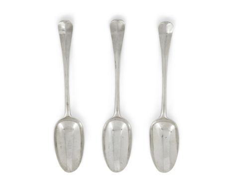 A set of three George I Britannia silver rat-tail tablespoons. Henry Clarke I, London, 1718. The oval bowls with plain rat-ta