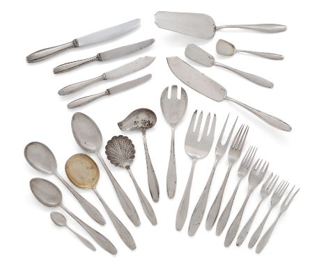 A part set of Czechoslovakian silver flatware.Franz Bibus, Moravská Třebová, c.1935. Comprising: 6 table forks; 11 table spoo