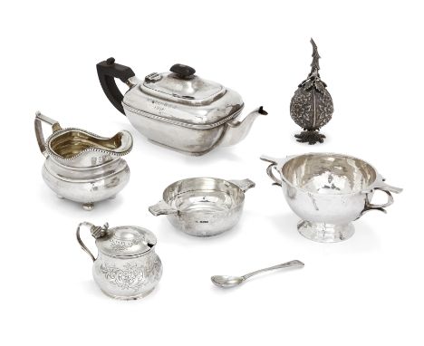 A group of silver and white metal items. Various dates and makers. The group comprising: an Edwardian silver twin-handled bow