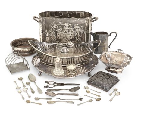A group of silver plate and metal. The group including: an electroplated twin-handled wine cooler, of oblong form with gadroo