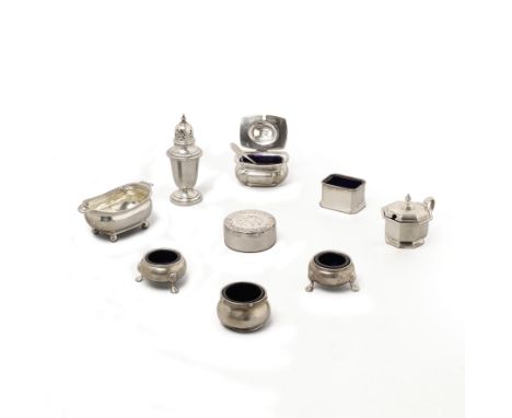 A group of silver cruets, including a George III silver twin-handled salt cellar. Thomas Johnson, London, 1806. Of shaped, re