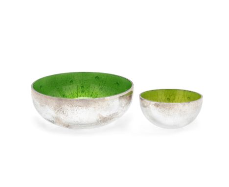 Two contemporary silver and enamel 'Grass Bowls'. Cara Murphy.London, 2017. The circular bowls on rounded bases designed with