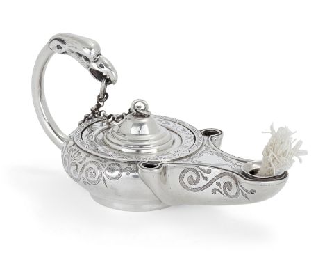 A novelty Victorian silver inkwell and lighter.James Edington, London, 1852. Modelled as a Roman oil lamp, the foliate scroll