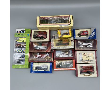 A box of collectors model cars, Yesteryear Mazaratti, a Corgi gift set, a Radio times collectors lorry, a Swan Vesta Corgi mo