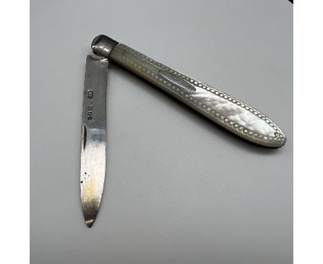 A silver mother of pearl flip fruit knife,  makers mark James Fenton 1899 -1923 Sheffield