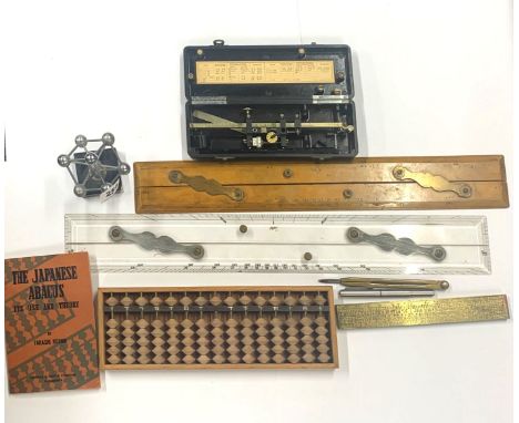 A group of drawing instruments and other technical items, including a Japanese abacus.