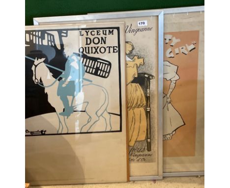 Two framed reproduction French prints, framed size 53 x 78cm, with a further print of Lyceum Don Quixote.