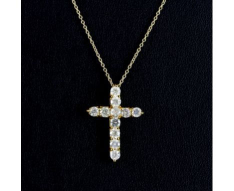 A 14ct yellow gold cross pendant and chain set with brilliant cut diamonds, approx. 2ct overall, L. 2.5cm.