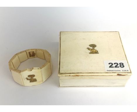 A 19th century Indian ivory cigarette box, 11.5 x 9.5 x 4.5cm, together with a ladies' expanding ivory bangle, both inset wit