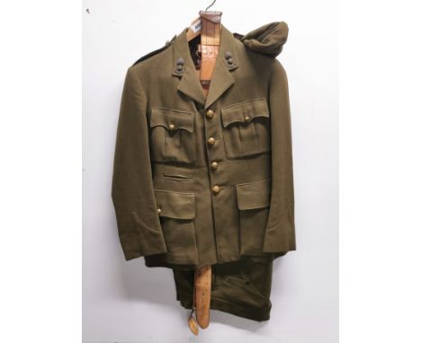 A vintage army uniform with belt and cap.