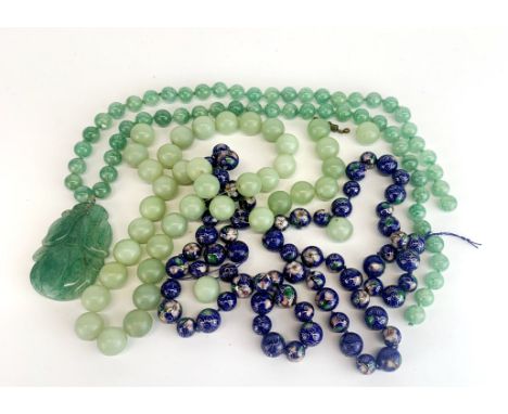 Two groups of Chinese jade beads, largest Dia. 13mm, together with a quantity of cloisonne beads.
